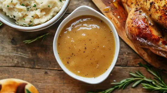 A close-up of homemade gravy being poured over mashed potatoes.