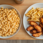 Chick-fil-A mac and cheese and waffle fries on a plate, top-down view.