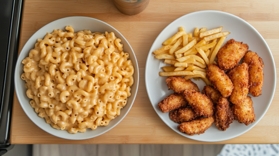 Chick-fil-A mac and cheese and waffle fries on a plate, top-down view.