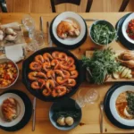 Shrimp and chicken dish on a plate.