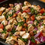 Close-up of a freshly made chicken salad.