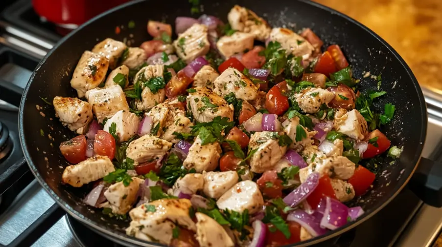 Close-up of a freshly made chicken salad.