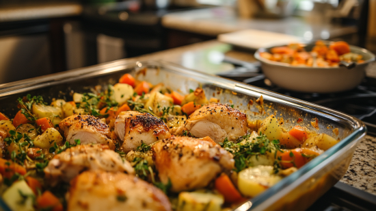 Chicken and dressing recipe, top-down view.