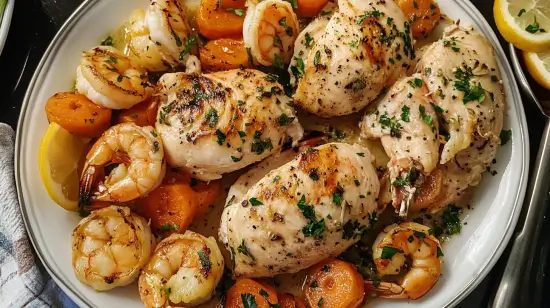 Delicious chicken and shrimp recipe displayed on a plate.