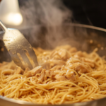 A plate of creamy rotisserie chicken pasta.