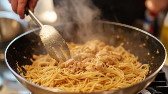 A plate of creamy rotisserie chicken pasta.