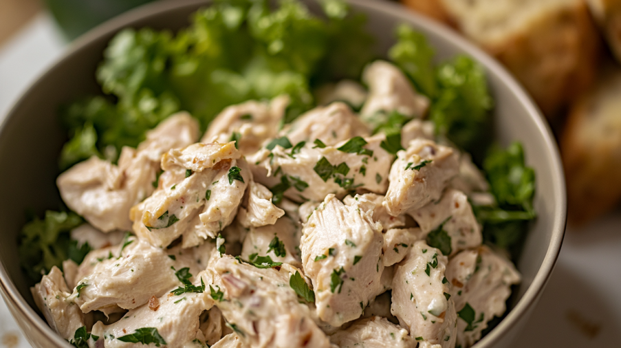 A bowl of creamy rotisserie chicken salad.