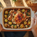 Various containers showing how to store leftover chicken and dressing.