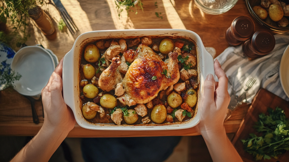 Various containers showing how to store leftover chicken and dressing.