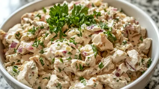 Close up of Chicken Salad Chick chicken salad showing the ingredients.