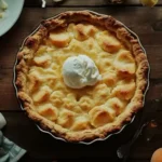 Rustic peach cobbler with cake mix topped with ice cream