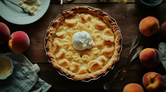 Rustic peach cobbler with cake mix topped with ice cream