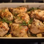 Diced chicken cooking in a pan with onions.