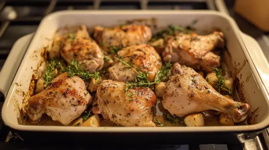 Diced chicken cooking in a pan with onions.
