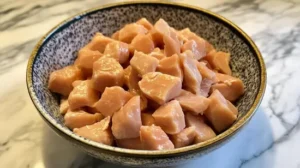 Diced chicken cooking in a pan with onions.