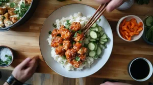 Bang bang chicken recipe with a creamy and spicy sauce.