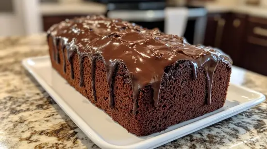 A slice of chocolate pound cake on a plate.