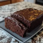 Close up of easy chocolate pound cake frosting on a slice of pound cake.