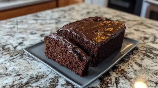 Close up of easy chocolate pound cake frosting on a slice of pound cake.