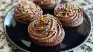 Close up of easy chocolate pound cake frosting on a slice of pound cake.