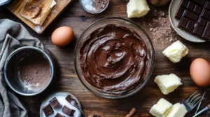 Close up of easy chocolate pound cake frosting on a slice of pound cake.