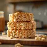 Peanut butter rice crispy treats stacked on a cutting board.