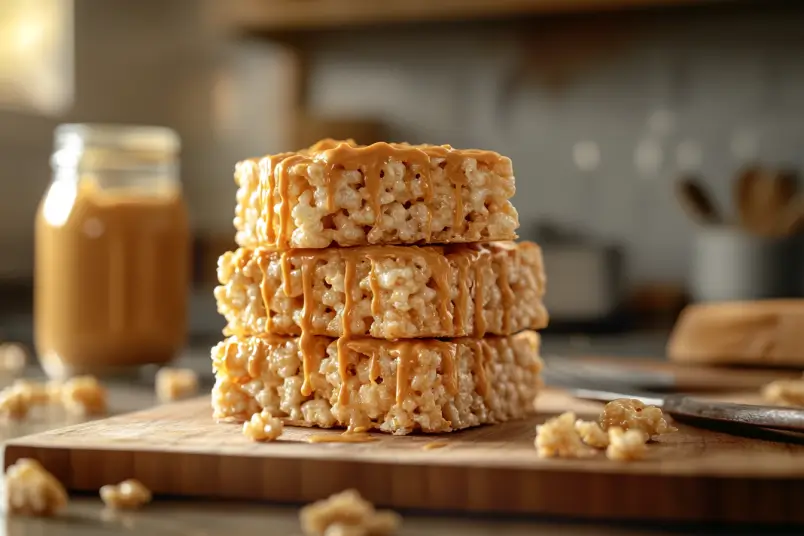 Peanut butter rice crispy treats stacked on a cutting board.