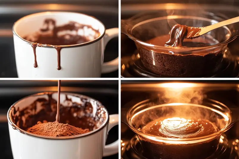  Step-by-step images showing how to make a mug cake with no eggs.