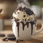 Oreo mug cake topped with vanilla ice cream and chocolate drizzle.