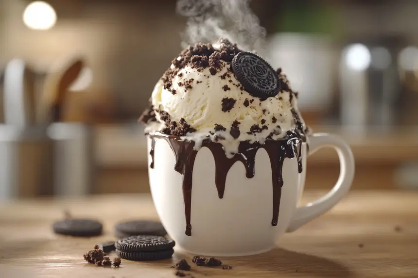 Oreo mug cake topped with vanilla ice cream and chocolate drizzle.