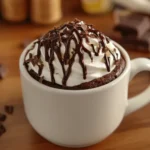 Chocolate mug cake with whipped cream and chocolate drizzle.
