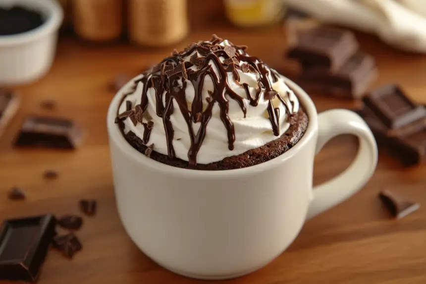 Chocolate mug cake with whipped cream and chocolate drizzle.