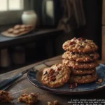 Freshly baked cowboy cookies stacked on a rustic wooden counter.