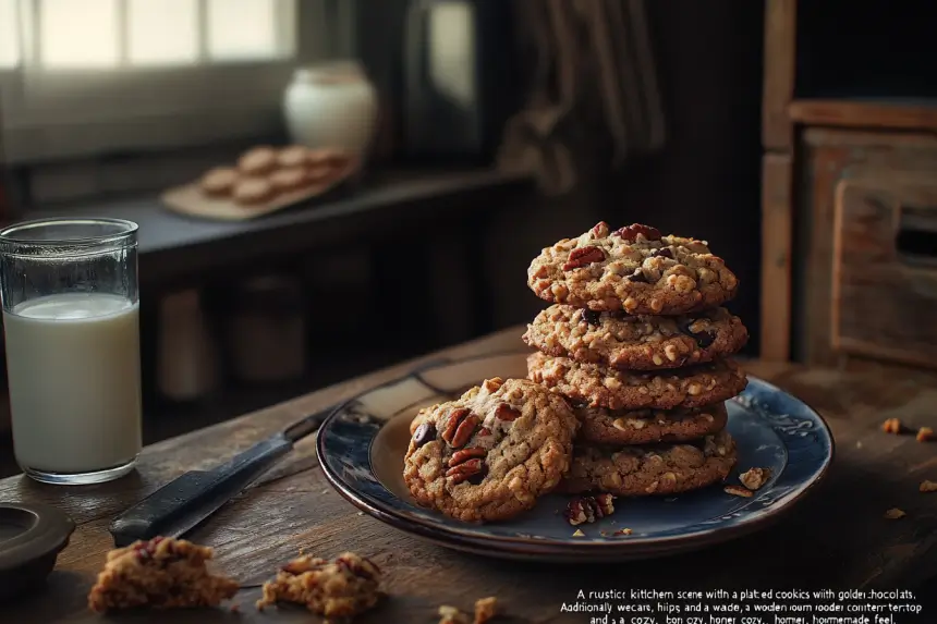 Freshly baked cowboy cookies stacked on a rustic wooden counter.