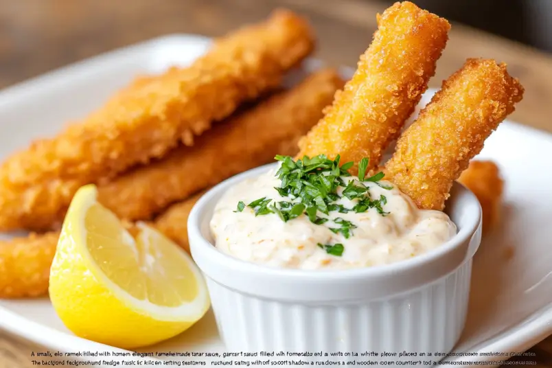 Red Lobster tartar sauce served with fish sticks and lemon.