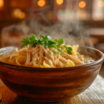 Warm, homemade chicken noodle soup with fresh ingredients.