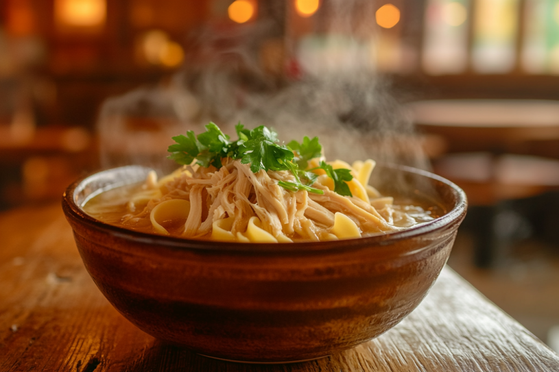 Warm, homemade chicken noodle soup with fresh ingredients.