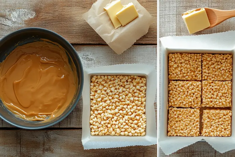 Step-by-step process of making peanut butter rice crispy treats.