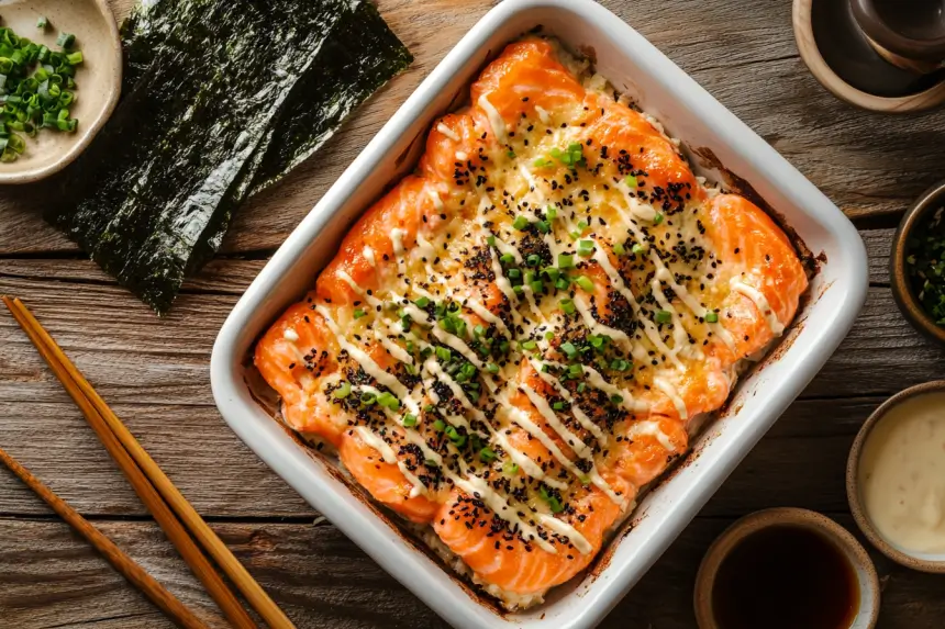 Baked salmon sushi bake in a dish with nori sheets and sauces.