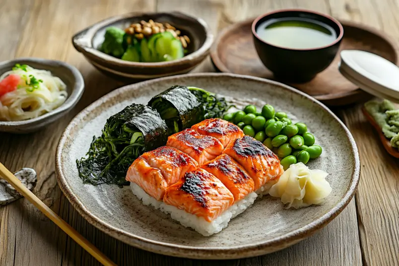  Baked salmon sushi with miso soup, edamame, and green tea.