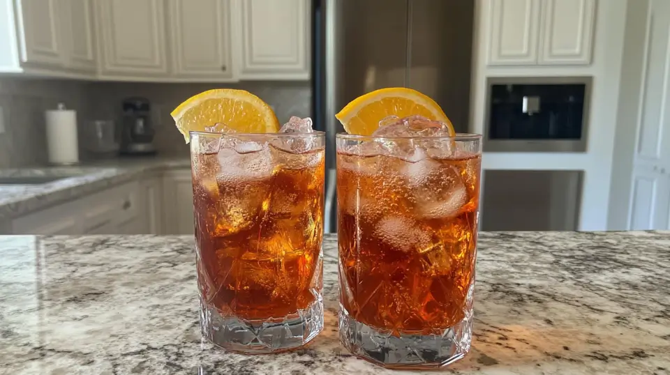 A close-up shot of an aperol spritz recipe 3-2-1 in a glass with an orange slice.