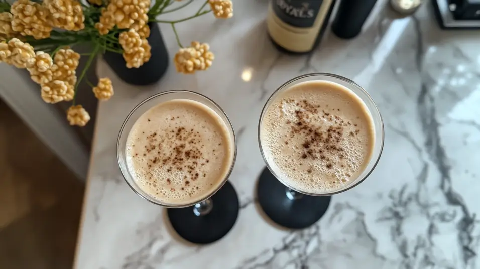 A close-up of an espresso martini recipe with Baileys in a martini glass, garnished with coffee beans.