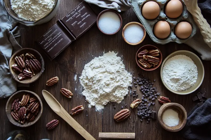  Ingredients for making cowboy cookies displayed on a wooden surface.