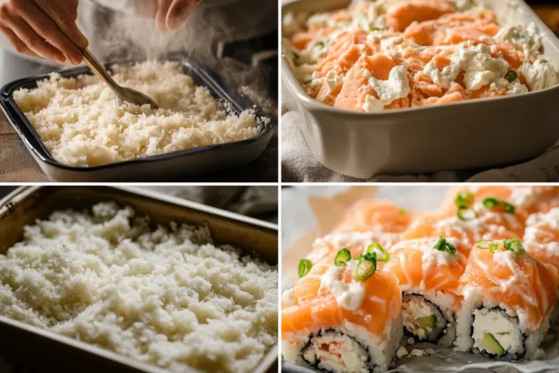 Step-by-step process of making a baked salmon sushi recipe.